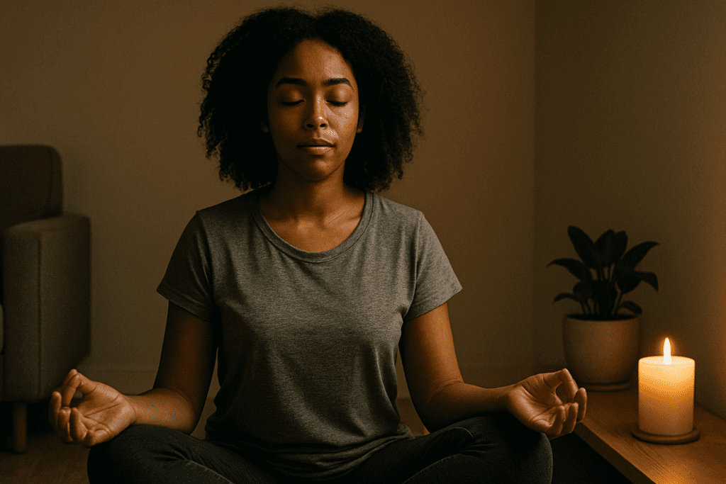 A young African American woman sits cross-legged in quiet meditation, softly lit by candlelight in a tranquil, minimalist room