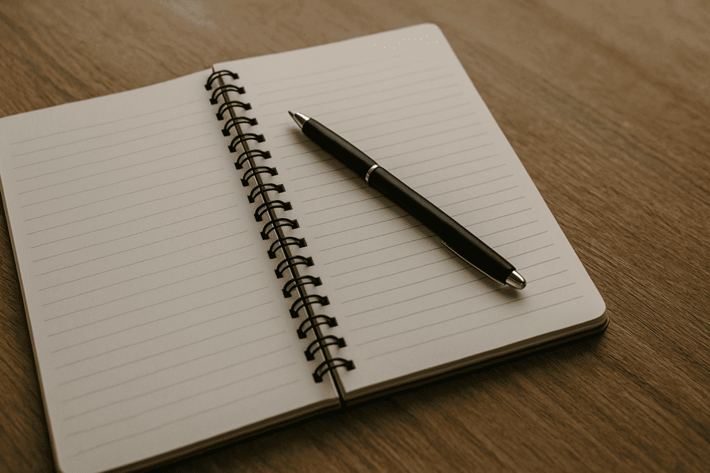 An open spiral notebook and black pen rest on a textured wooden surface, bathed in soft natural light to highlight simplicity and clarity.