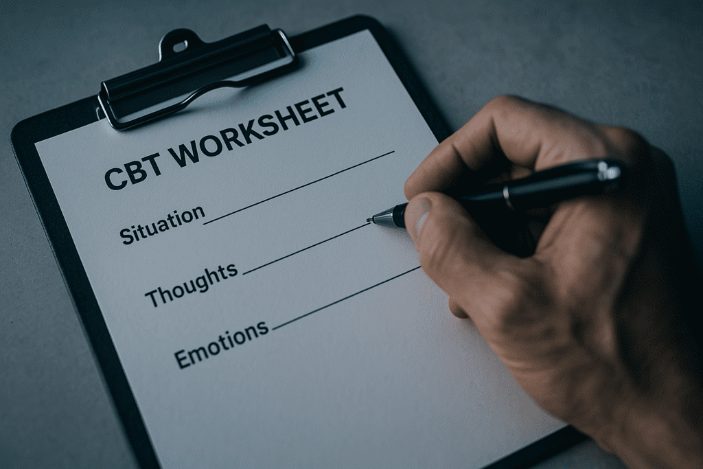 A close-up of a black clipboard shows a partially filled CBT worksheet resting on a minimalist gray table, illuminated by cool clinical lighting. A hand prepares to write in the "Thoughts" section, symbolizing the structured, science-backed nature of cognitive behavioral therapy and mental clarity through guided self-assessment.