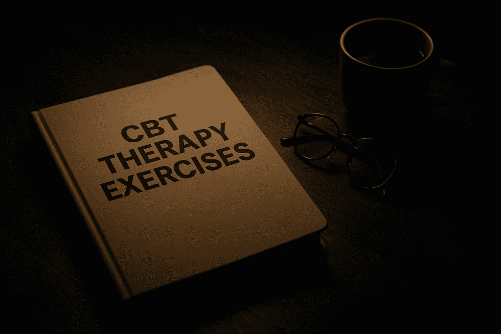 A warmly lit home workspace displays a clean CBT binder, reading glasses, and a steaming cup of coffee arranged on a dark wooden desk. The composition evokes comfort, focus, and emotional wellness, suggesting a calm setting for engaging in cognitive behavioral therapy techniques and self-guided exercises.