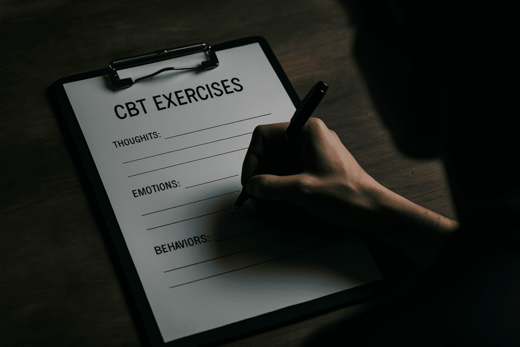 A close-up captures a hand actively filling out a CBT worksheet on a wooden table, with moody lighting casting soft shadows across the scene. The detailed focus on the writing process symbolizes the personal effort and therapeutic value of completing cognitive behavioral exercises to support emotional regulation and mental clarity.
