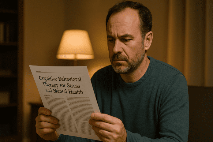 A middle-aged man reads an academic article on cognitive behavioral therapy for stress under warm ambient lighting, his expression contemplative and calm. The soft indoor light, cozy background with a bookshelf, and neutral tones reflect a peaceful setting conducive to personal reflection on mental health research.