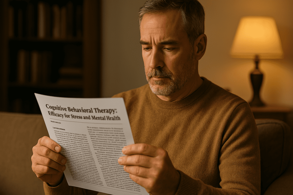 A middle-aged man with a salt-and-pepper beard reads a cognitive behavioral therapy article in a warmly lit living room, his face illuminated by soft lamp light. The relaxed setting and subtle lighting underscore the therapeutic and personal nature of exploring CBT research for managing stress.