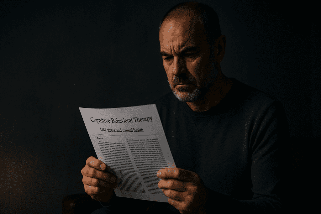 A middle-aged man intently reads a cognitive behavioral therapy paper under moody, directional lighting, his face partially shadowed against a textured dark gray wall. The dramatic shadows and minimalist setting evoke a sense of introspection, highlighting the serious nature of CBT's impact on stress and mental health.