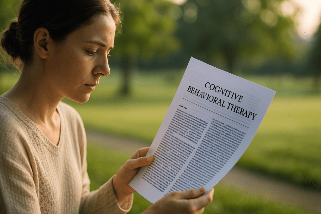 A young woman in a peaceful park at dawn reads a research paper on cognitive behavioral therapy, her face illuminated by soft morning light. The calm natural setting and her focused expression evoke a sense of mindfulness and intellectual engagement with stress and mental health science.