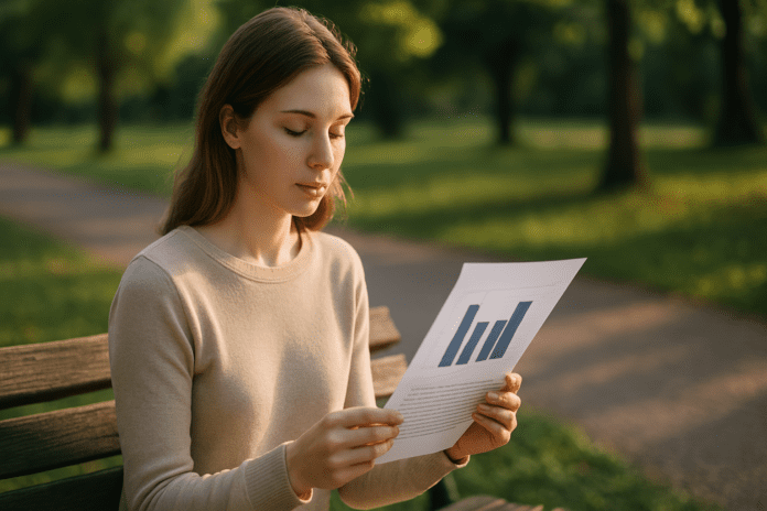 A young woman sits peacefully on a park bench under warm natural light, gazing at a paper displaying a bar graph, with a tranquil outdoor background of trees and a winding path. The serene environment subtly emphasizes the personal reflection often associated with successful CBT outcomes.
