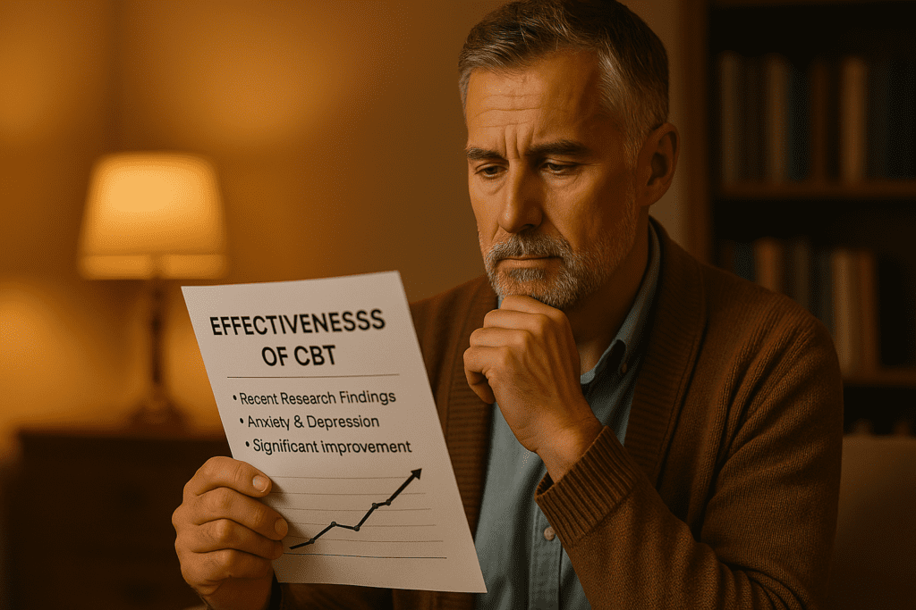 A middle-aged male therapist with graying hair and a beard sits in a warmly lit office, examining a CBT research report with a thoughtful expression. The ambient indoor lighting and cozy background elements reflect the professional yet personal nature of cognitive behavioral therapy's success for anxiety and depression.
