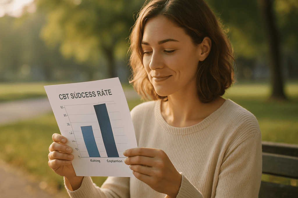 A young woman sits alone on a park bench under soft morning sunlight, studying a bar graph titled “CBT Success Rate” with a calm expression. This photorealistic image visually represents the success of cognitive behavioral therapy for anxiety and depression in a tranquil outdoor setting.