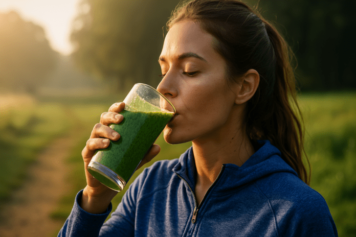 A young woman in a sunlit park drinks a green smoothie while standing in soft natural morning light, capturing the essence of herbs for energy and motivation with a calm, focused expression and golden tree-lined background.