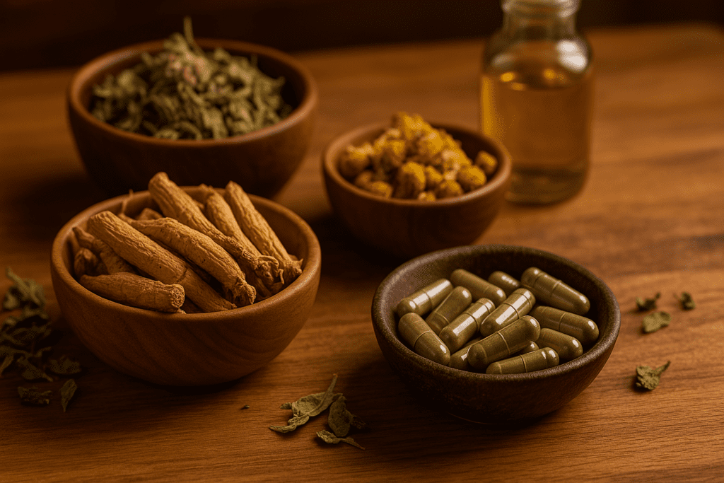 A collection of dried herbs and natural energy supplements is arranged on a wooden table under warm ambient lighting, highlighting the use of natural herbs for energy in home wellness rituals with an earthy, calming tone.
