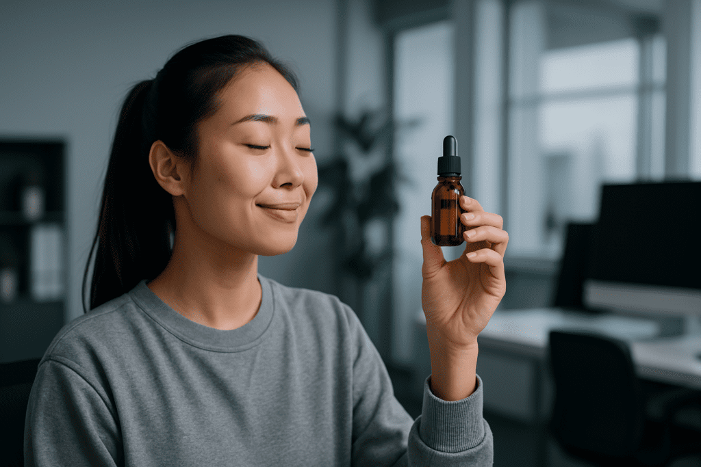 A young woman in a modern office holds a dropper bottle of energy herbs and supplements with eyes closed under cool clinical lighting, representing the integration of herbs for energy into contemporary wellness routines.