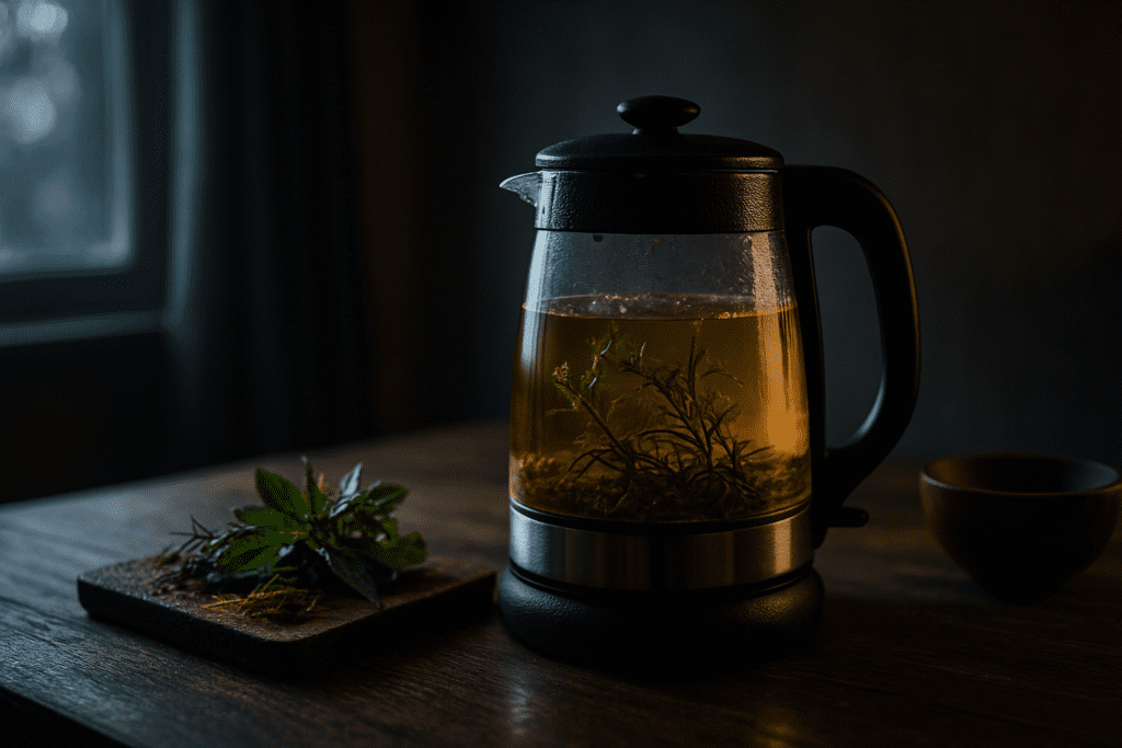A warm herbal tea brews inside a glass kettle on a dark wooden surface, with moody lighting and dramatic shadows emphasizing the calming yet energizing role of herbs for energy and motivation in quiet evening rituals.