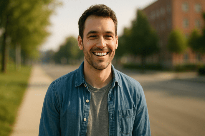 A confident young man with short dark hair smiles warmly while standing outdoors in a sunlit suburban area, conveying the positive effects of CBT for social anxiety. Soft natural morning light highlights his relaxed demeanor, symbolizing improved confidence and ease in daily interactions.