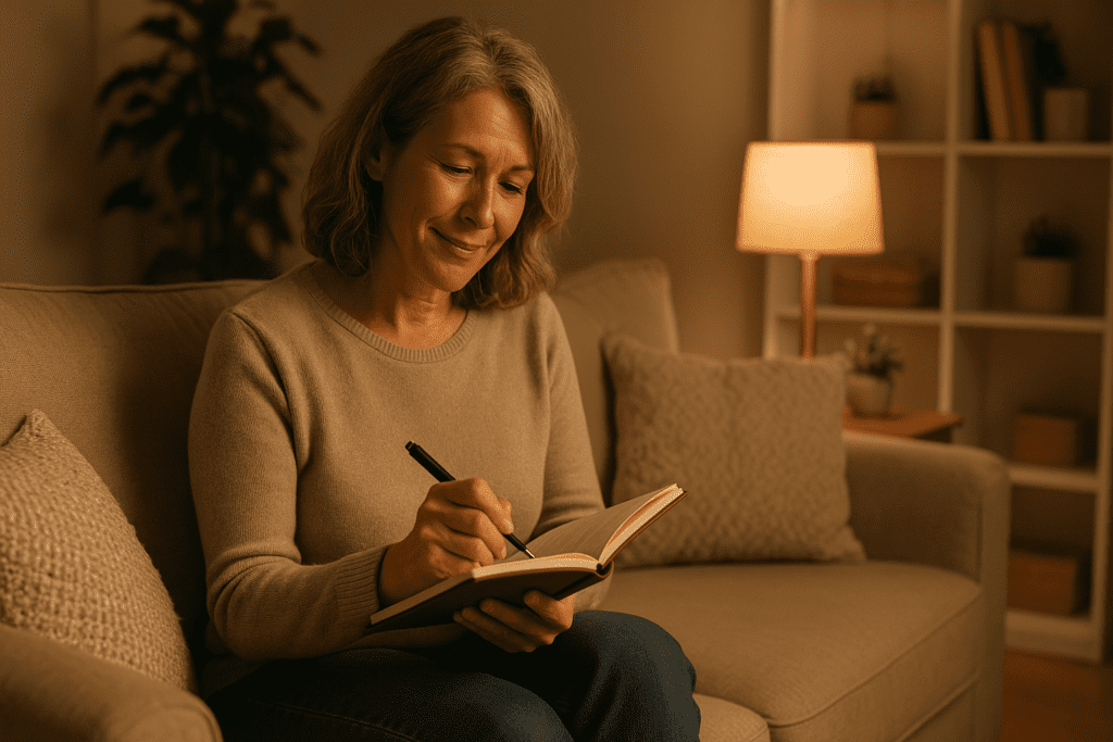 A middle-aged woman with wavy brown hair journals peacefully in a warmly lit living room, symbolizing the calming self-reflection encouraged by CBT for social anxiety. The ambient indoor lighting and relaxed setting emphasize how therapy can foster emotional clarity and confidence in daily routines.