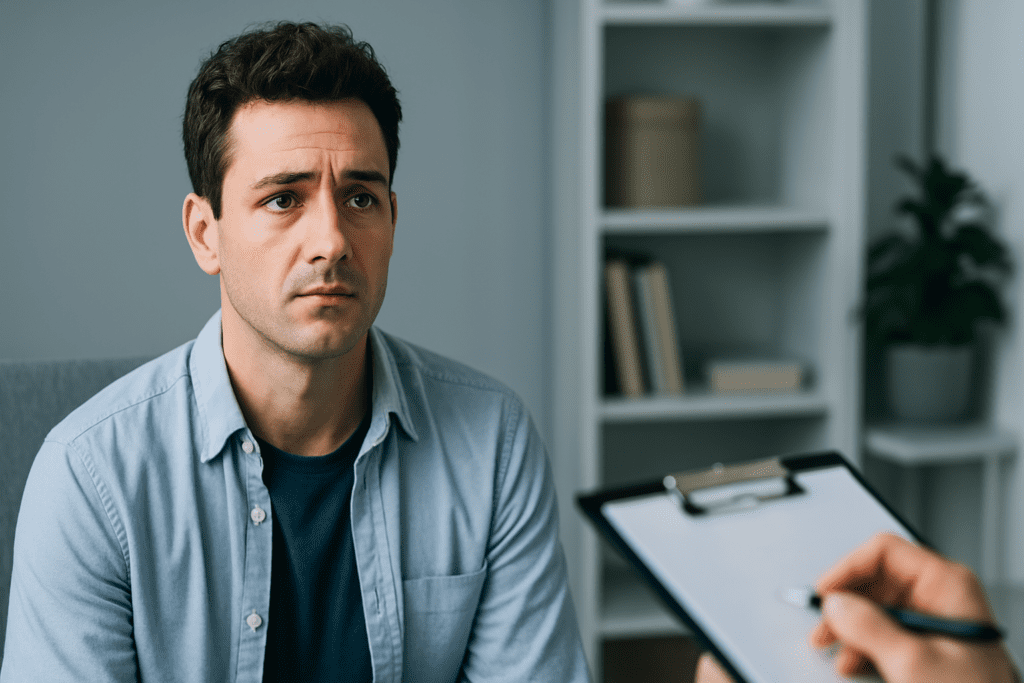 A young man with dark brown hair and a serious expression sits in a modern therapy room under cool clinical lighting, reflecting the focused atmosphere of cognitive behavioral therapy for social anxiety. The minimalist setting and therapist’s unseen presence emphasize the supportive structure that helps individuals improve confidence and interpersonal skills.