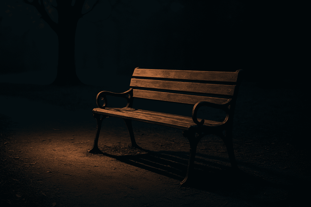 A solitary wooden bench sits in a dimly lit park at twilight, surrounded by shadows and scattered leaves, evoking quiet reflection. The moody lighting and dramatic contrasts visually represent the introspective journey of CBT for social anxiety, where solitude can foster emotional growth and self-awareness.