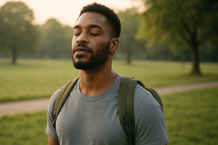 A young African-American man in his late twenties stands peacefully in a sunlit park during the early morning, eyes closed as he practices mindfulness. The soft natural morning light enhances the tranquil mood, symbolizing personal growth and the mental strength gained through CBT techniques like accountability.