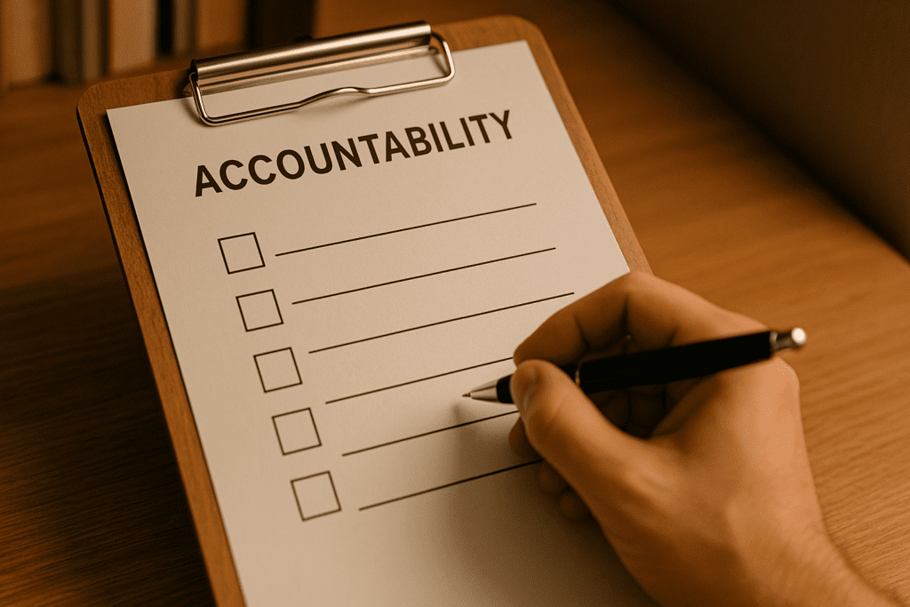 A wooden clipboard displaying a checklist titled "ACCOUNTABILITY" sits on a wooden table, with a hand holding a black pen poised to mark the first box. The warm indoor ambient lighting and soft bookshelf background convey a calm, focused atmosphere, illustrating how CBT fosters responsibility and personal growth.