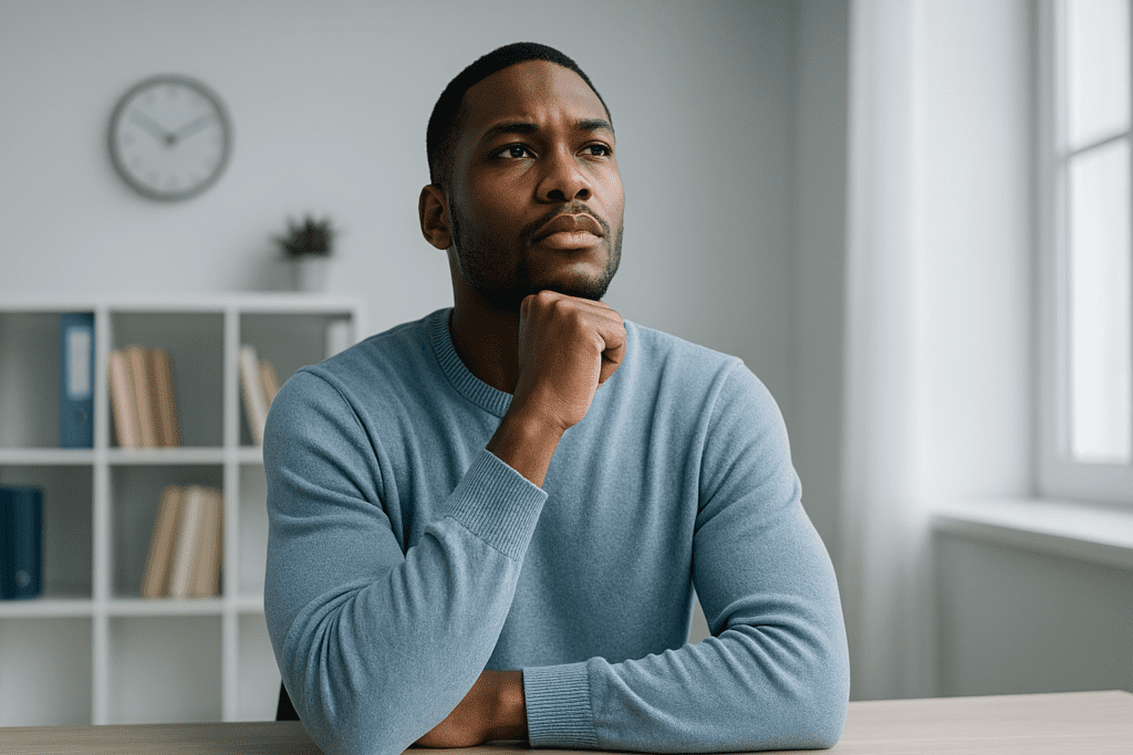 A young African American man sits alone in a clean, modern office space under cool clinical lighting, wearing a light blue sweater and looking upward with a contemplative expression. The minimalist setting and thoughtful mood reflect the mental clarity and resilience cultivated through CBT strategies focused on accountability and personal responsibility.