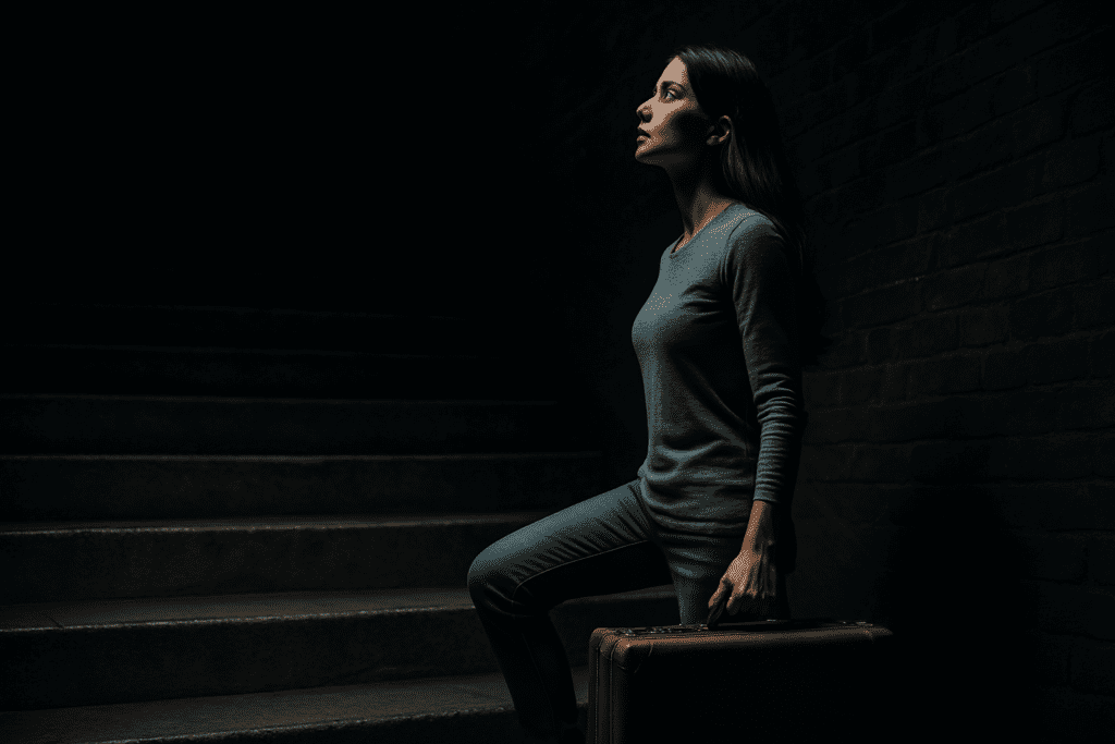 A young woman climbs worn concrete steps at night, carrying a vintage suitcase with steady determination as moody lighting casts sharp shadows on the stairwell and her face. The dramatic, symbolic scene evokes themes of personal transformation and emotional resilience built through CBT practices of responsibility and growth.