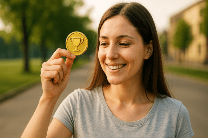 A young Caucasian woman stands in a sunlit park holding a golden coin with a trophy symbol, symbolizing the reward mechanism in CBT for reinforcing positive behavior; the soft morning light and her joyful expression convey a hopeful and uplifting mood related to brain rewiring through behavioral rewards.