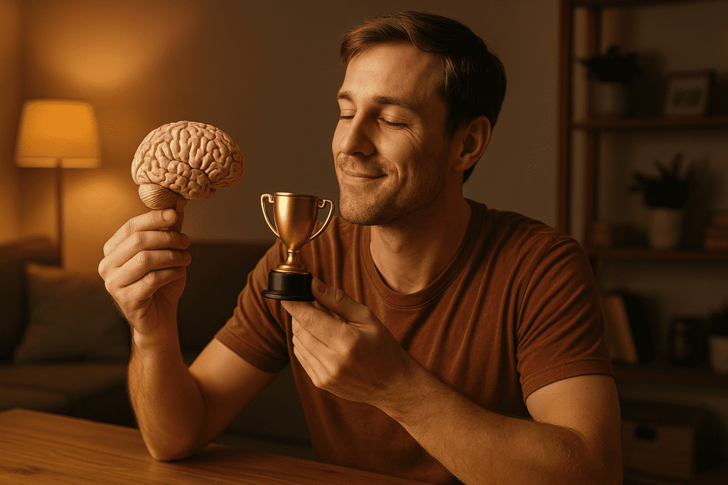 A young man sits at a wooden table in a warmly lit living room, holding a model brain and offering it a small golden trophy, symbolizing the cognitive behavioral therapy technique of rewarding positive behavior to rewire the brain for change; the cozy ambient lighting reinforces a comforting and hopeful mood.