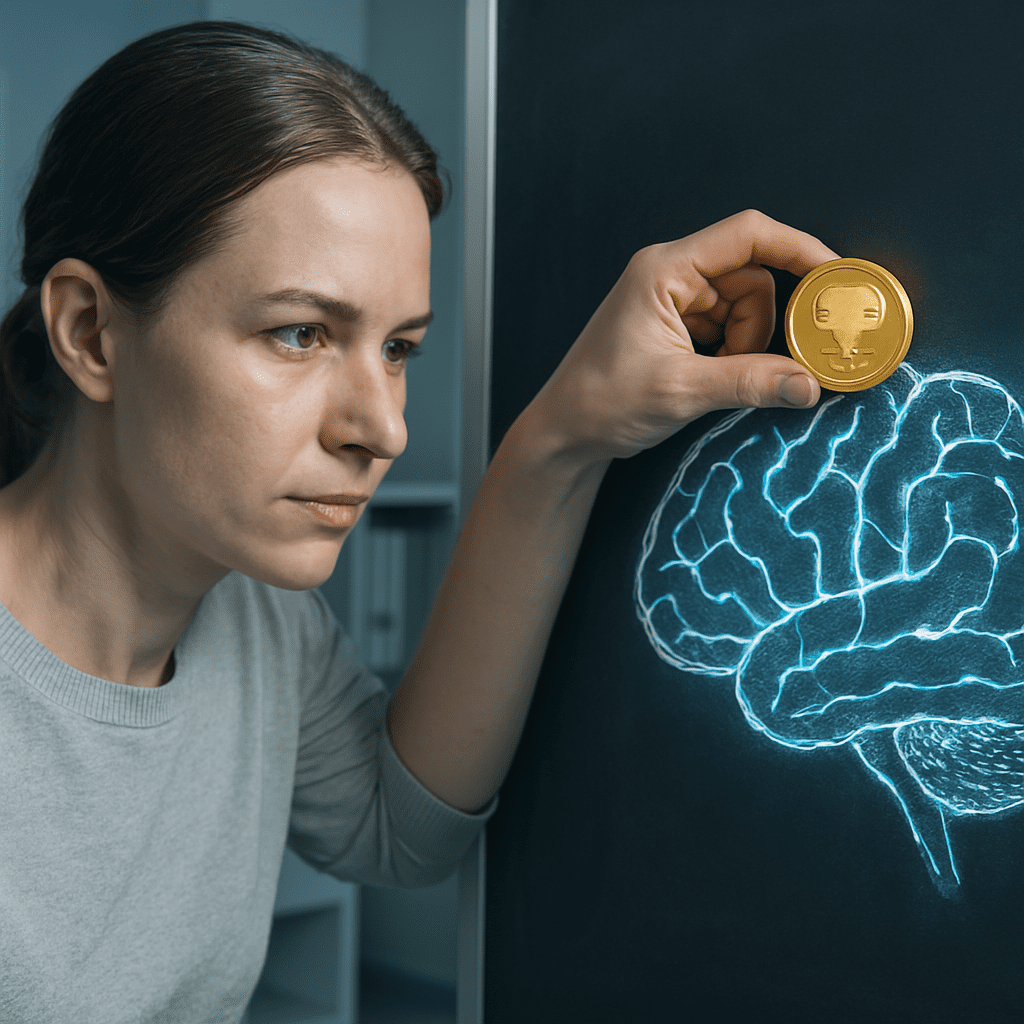 In a clinical setting with cool lighting, a focused woman reaches toward a glowing coin hovering above a neural diagram of the brain on a chalkboard, visually representing the CBT method of reinforcing positive behavior to trigger neurological change through reward-based stimuli.
