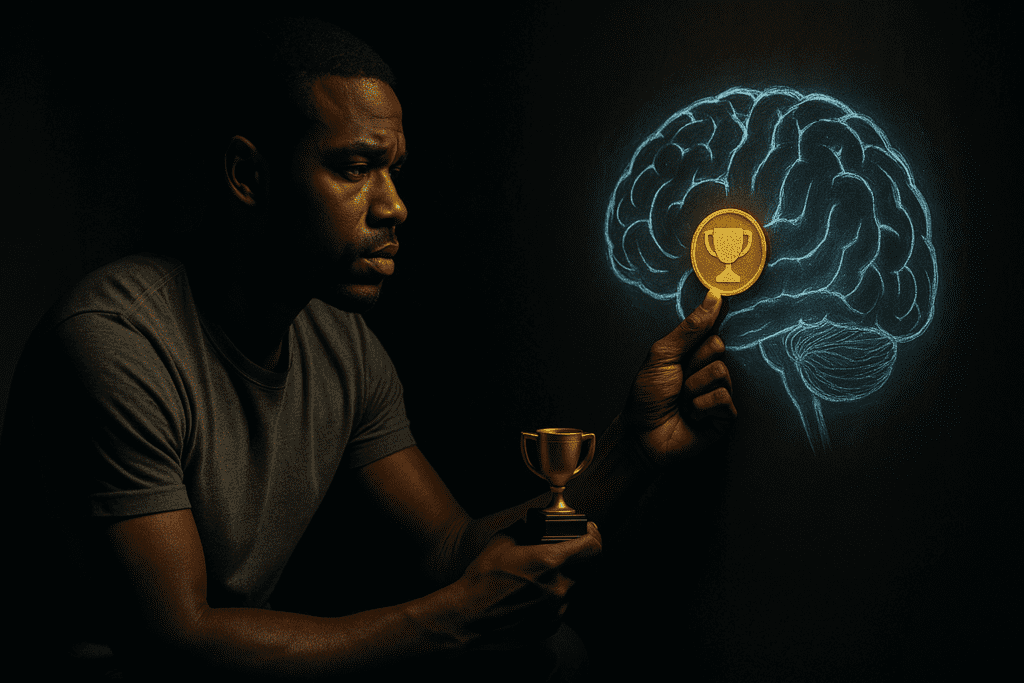 A young African American man gazes at a glowing brain illustration on a dark wall while holding a golden trophy, symbolizing the reward process in CBT that helps rewire neural patterns; dramatic moody lighting and shadows emphasize the theme of deep introspection and behavioral transformation.