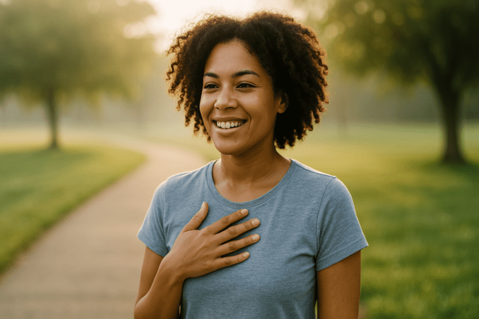 A young woman with curly black hair and light brown skin stands in a peaceful morning park setting, her face softly illuminated by golden sunlight. This image captures the theme of CBT for communication building through a calm, reflective atmosphere, symbolizing emotional openness and connection in a natural, supportive environment.