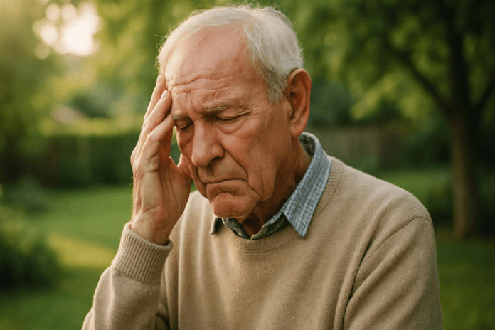 A photograph captures an elderly Caucasian man with short gray hair sitting quietly in a sunlit garden, his hand pressed gently to his temple as he looks downward in thought. The soft natural morning light highlights his contemplative expression, symbolizing the emotional impact of vascular dementia and mood swings on mental well-being.