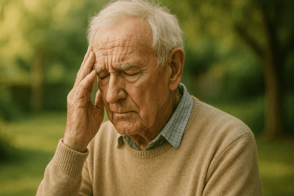 An elderly man with white hair sits alone in a peaceful outdoor garden, his hand pressed thoughtfully to his temple under soft morning sunlight. The serene setting and his somber expression convey the emotional impact of vascular dementia personality changes and mood swings on daily life.