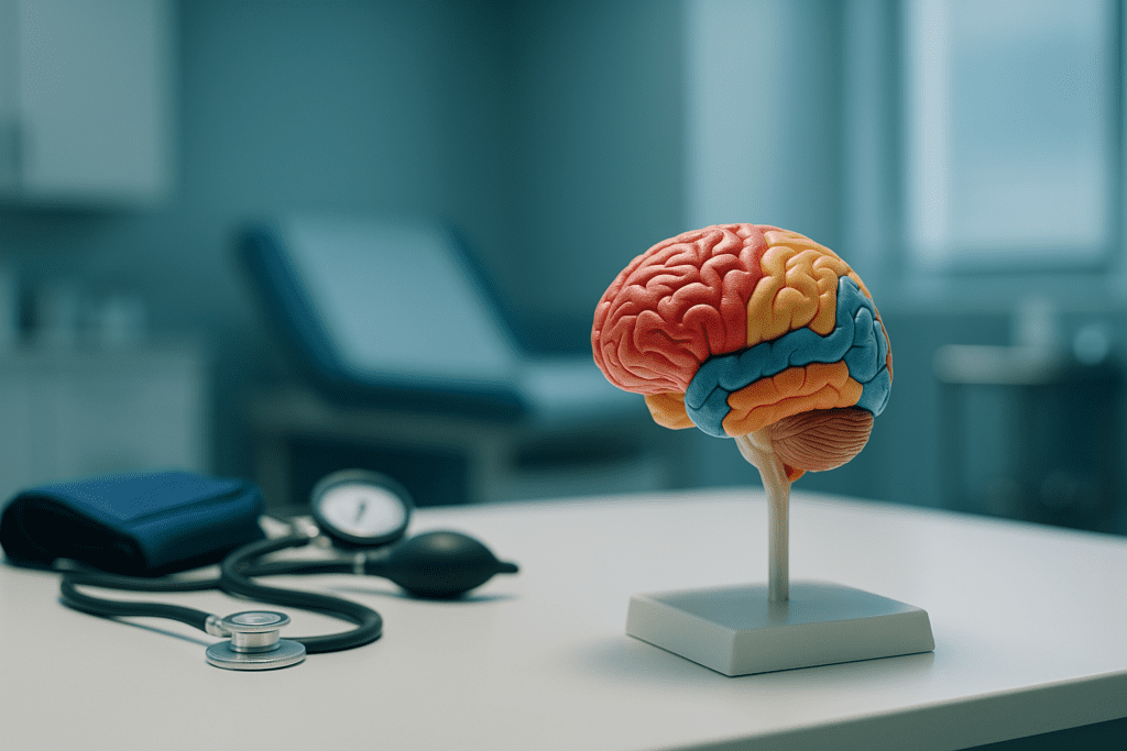 A photorealistic image of a clinical exam room features a vivid anatomical brain model resting on a clean white table under cool clinical lighting. The sterile environment and focused brain representation reflect the scientific approach to understanding dementia and the neurological basis of mood swings in vascular dementia.