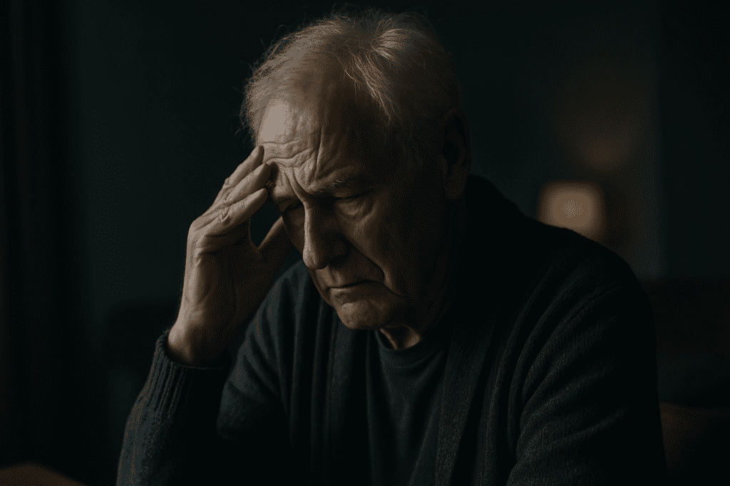 A close-up image of an elderly man with vascular dementia sitting in a dimly lit room, his downward gaze and furrowed brow captured in moody, shadowed lighting. The emotional tone and dramatic light emphasize how vascular dementia personality changes can deeply affect emotional well-being and introspection.
