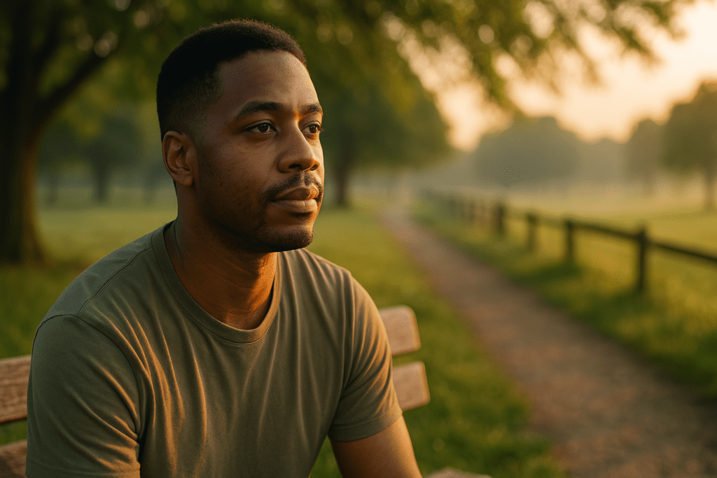 A young African American man sits quietly on a park bench at sunrise, bathed in soft natural light that casts a peaceful glow on his face. This serene outdoor image captures the essence of CBT for communication building by reflecting calm introspection and emotional clarity in a tranquil environment.