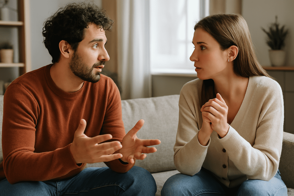 A high-resolution photograph captures a light-skinned couple in a cozy living room, deeply engaged in calm, empathetic conversation. The setting includes soft lighting, neutral decor, and an atmosphere of emotional connection, reflecting the therapeutic essence of communication-building through CBT.