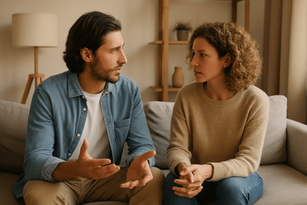 A photograph of a light-skinned couple shows them in an intimate, emotionally charged conversation on a gray sofa in a softly lit living room. The space features neutral tones, a floor lamp, and wooden shelving, symbolizing the calm and connection fostered by CBT techniques for communication building.