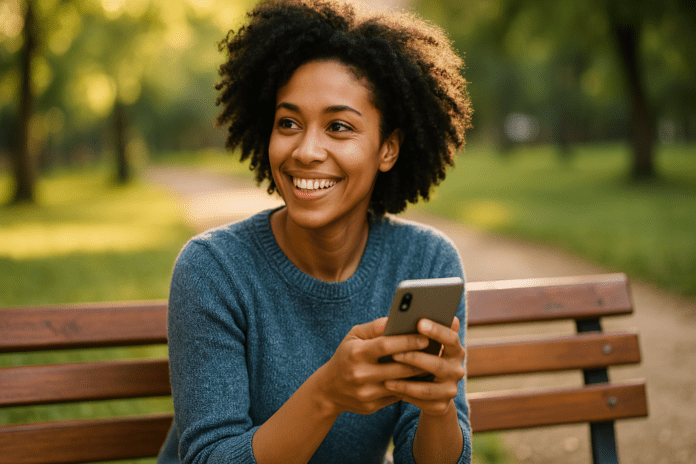 A young woman with dark curly hair sits on a wooden park bench in soft natural morning light, smiling while using her smartphone. The serene outdoor setting, with greenery and trees in the background, evokes emotional well-being and highlights how strengthening social connections can boost mental health.