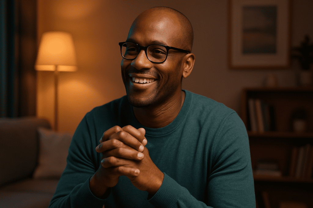 A middle-aged African American man smiles warmly while seated in a cozy living room bathed in warm indoor ambient lighting. The inviting space reflects a sense of emotional security and highlights how CBT techniques can help strengthen social relationships and emotional well-being.