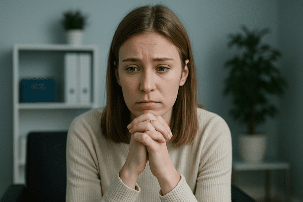 A young woman with light skin sits in a modern office under cool clinical lighting, appearing deep in thought with her hands resting under her chin. The minimalist setting conveys the introspective process of cognitive behavioral therapy and emphasizes the importance of building healthy relationships for emotional well-being.