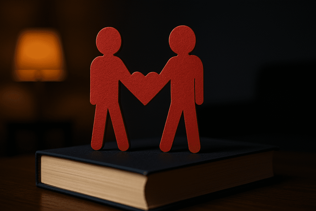 A red wooden cutout of two figures forming a heart shape between them rests on a book, illuminated by moody lighting with dramatic shadows. This symbolic scene visually represents the role of CBT in strengthening social bonds and enhancing emotional well-being through intentional connection.