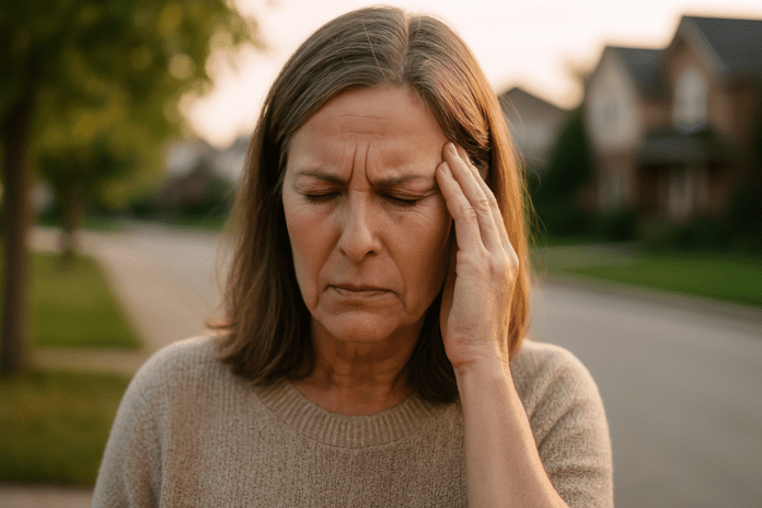 A photograph captures a Caucasian middle-aged woman standing outdoors in a quiet suburban neighborhood during soft morning light. She holds her temple with a pained expression, symbolizing cognitive strain; the warm, natural lighting evokes a contemplative and concerned mood aligned with themes of cognitive decline and brain health.