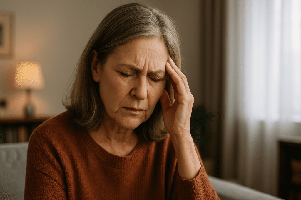 A photograph captures an older Caucasian woman seated in a softly lit living room, her hand resting on her temple as she stares downward in deep thought. The warm natural light and cozy indoor environment highlight cognitive concerns and emotional strain, reinforcing themes of brain fog and early signs of memory decline.