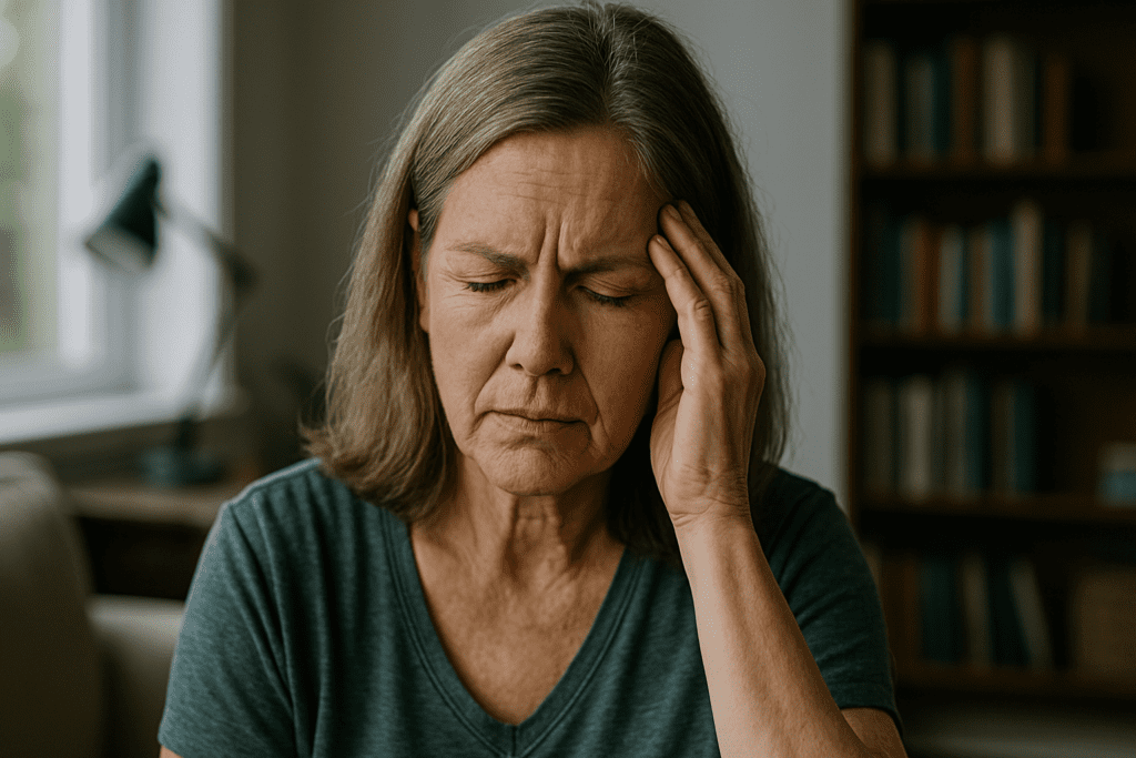 A photograph captures a middle-aged Caucasian woman seated indoors, eyes closed and hand on her forehead, conveying signs of mental fatigue or cognitive distress. The softly lit, cozy room with greenery and a blurred bookshelf in the background adds to the contemplative, intimate mood, reflecting common symptoms of cognitive decline.
