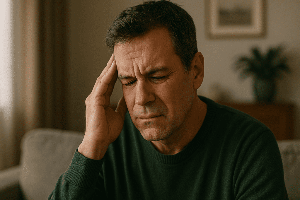 A photograph captures a middle-aged Caucasian man seated on a neutral-toned couch, his eyes closed and brow furrowed in visible emotional distress. Soft natural light filters in from the side, emphasizing the contemplative atmosphere and drawing attention to early cognitive decline symptoms such as confusion or mental fatigue.