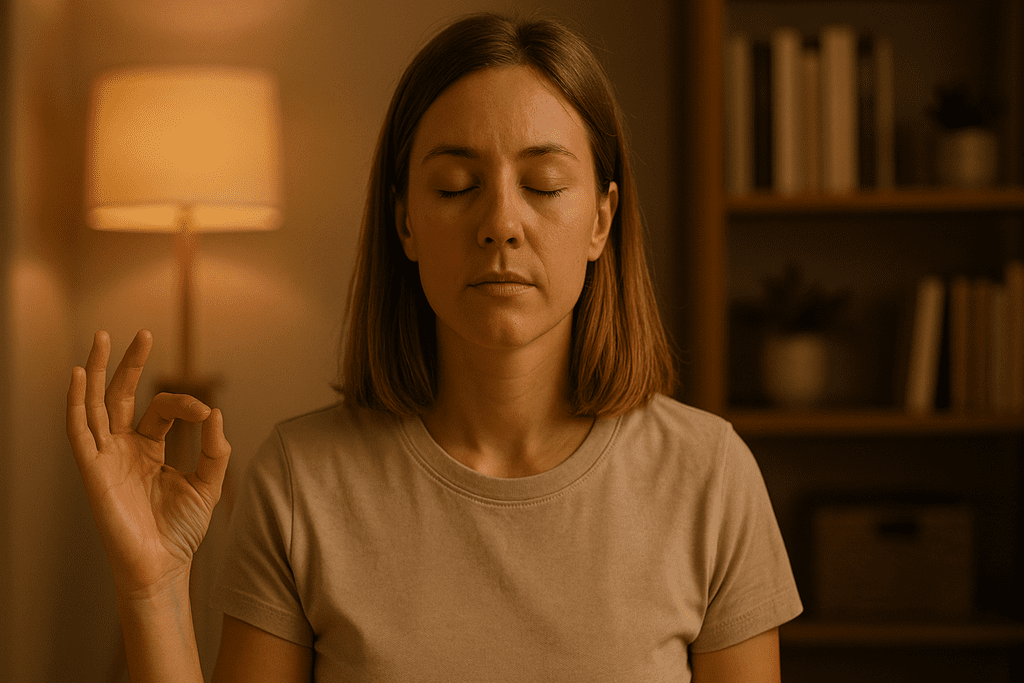 A photograph of a light-skinned woman in her 30s meditating in a softly lit modern room with warm ambient lighting, her hand raised in Gyan Mudra as she sits cross-legged in focus. The tranquil indoor setting emphasizes mindfulness and natural mental clarity rituals for combating brain fog and mental fatigue.