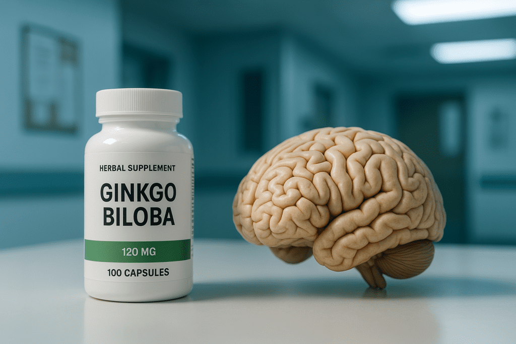 A digital photograph captures a capsule-form supplement bottle labeled "Ginkgo Biloba" alongside a realistic brain model on a clean, white surface under cool clinical lighting. The sterile, modern background supports the scientific context of brain health supplements for reducing mental fatigue and supporting long-term cognitive performance.