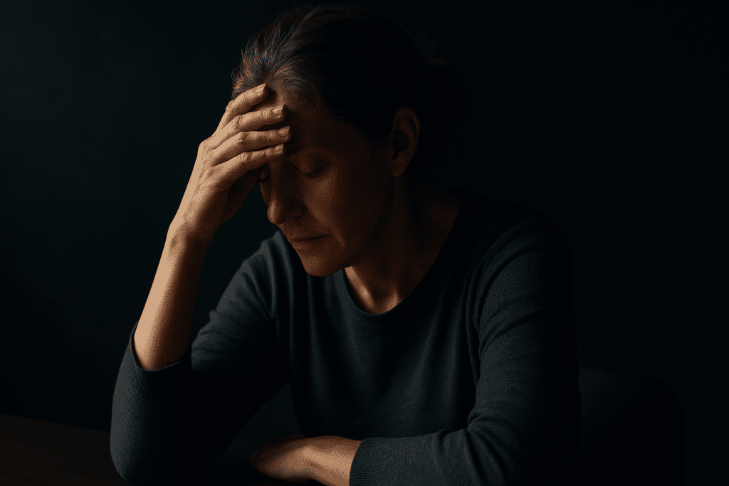 A photograph with moody and dramatic lighting shows a tired light-skinned woman in her 50s seated at a dark table, resting her head in her hand, expressing cognitive exhaustion. The use of shadows and low light powerfully illustrates the emotional toll of mental fatigue while reinforcing the need for effective natural brain fog remedies.