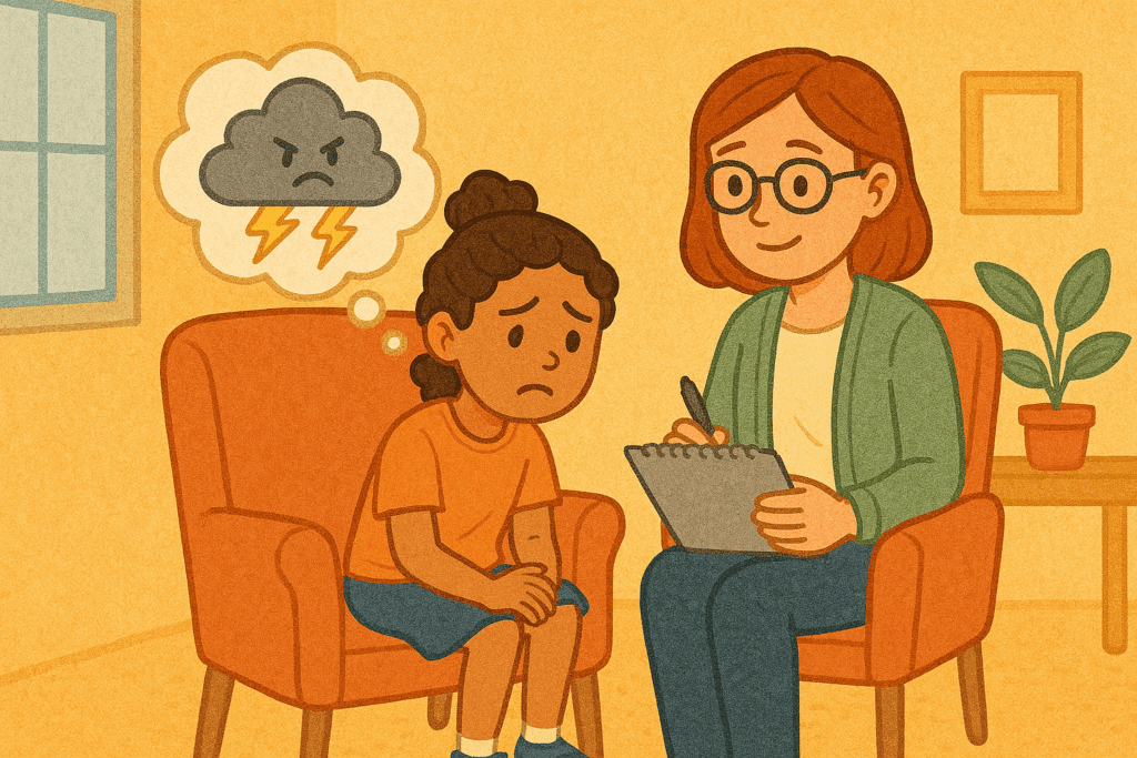 Sad young girl sitting in therapy with a supportive female therapist as a stormy thought bubble illustrates her feelings, highlighting emotional awareness in CBT sessions.