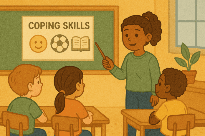 Confident schoolgirl leading a classroom discussion on coping skills using visual strategies like smiling, playing, and reading, demonstrating peer-based CBT techniques.