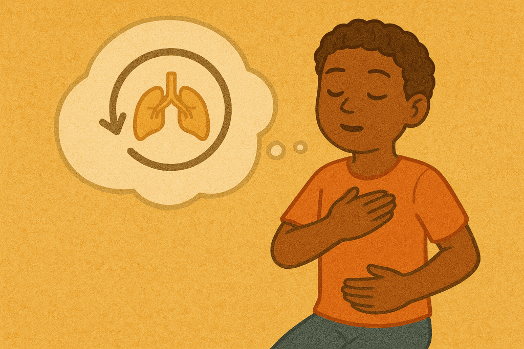 Young boy with brown skin practicing a deep breathing exercise with hands on chest and belly, next to a thought bubble showing lungs and a circular arrow, illustrating CBT breathing techniques for emotional regulation in children.